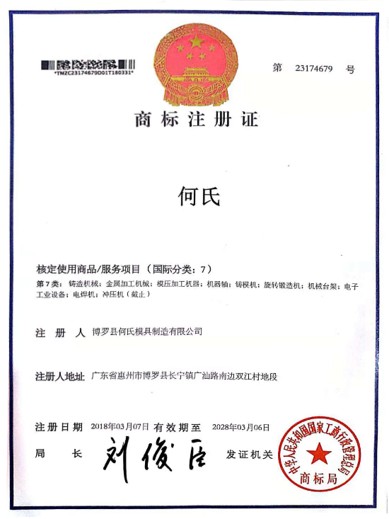 Heshi approved the use of trademark registration certificate